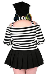 womens black and white striped asymmetric top with scarf and thumbholes