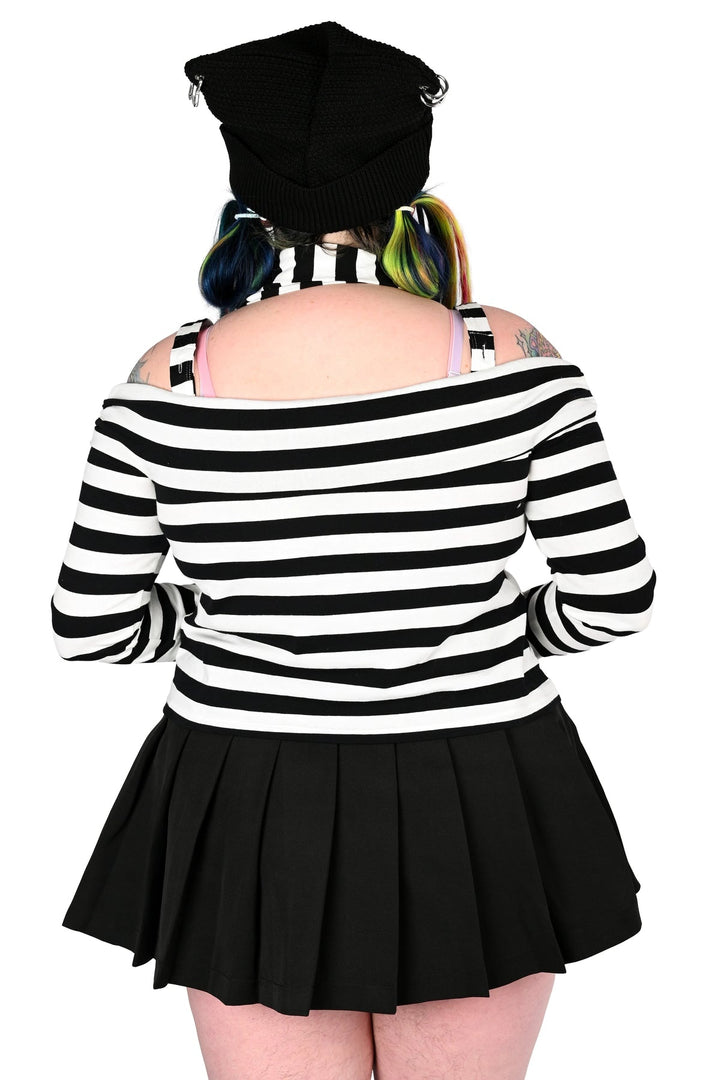 womens black and white striped asymmetric top with scarf and thumbholes