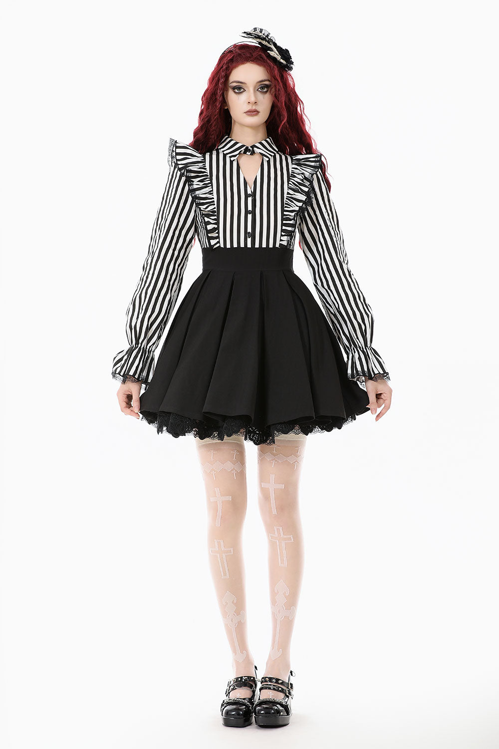 Puff sleeve striped dress with lace