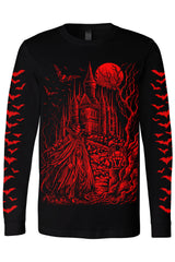Draculas castle long sleeve printed tee with red graphic and bat sleeves