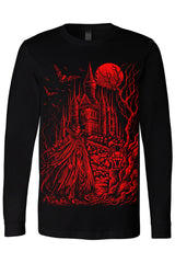 Long sleeve draculas castle red graphic on black shirt