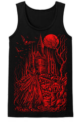 Mens tank top with creepy dracula graphic with castle bats and moon