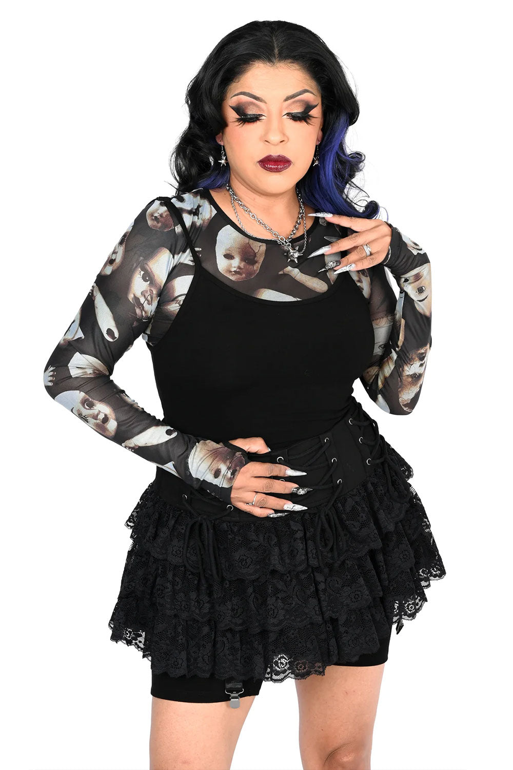Foxblood mesh black top with long sleeves