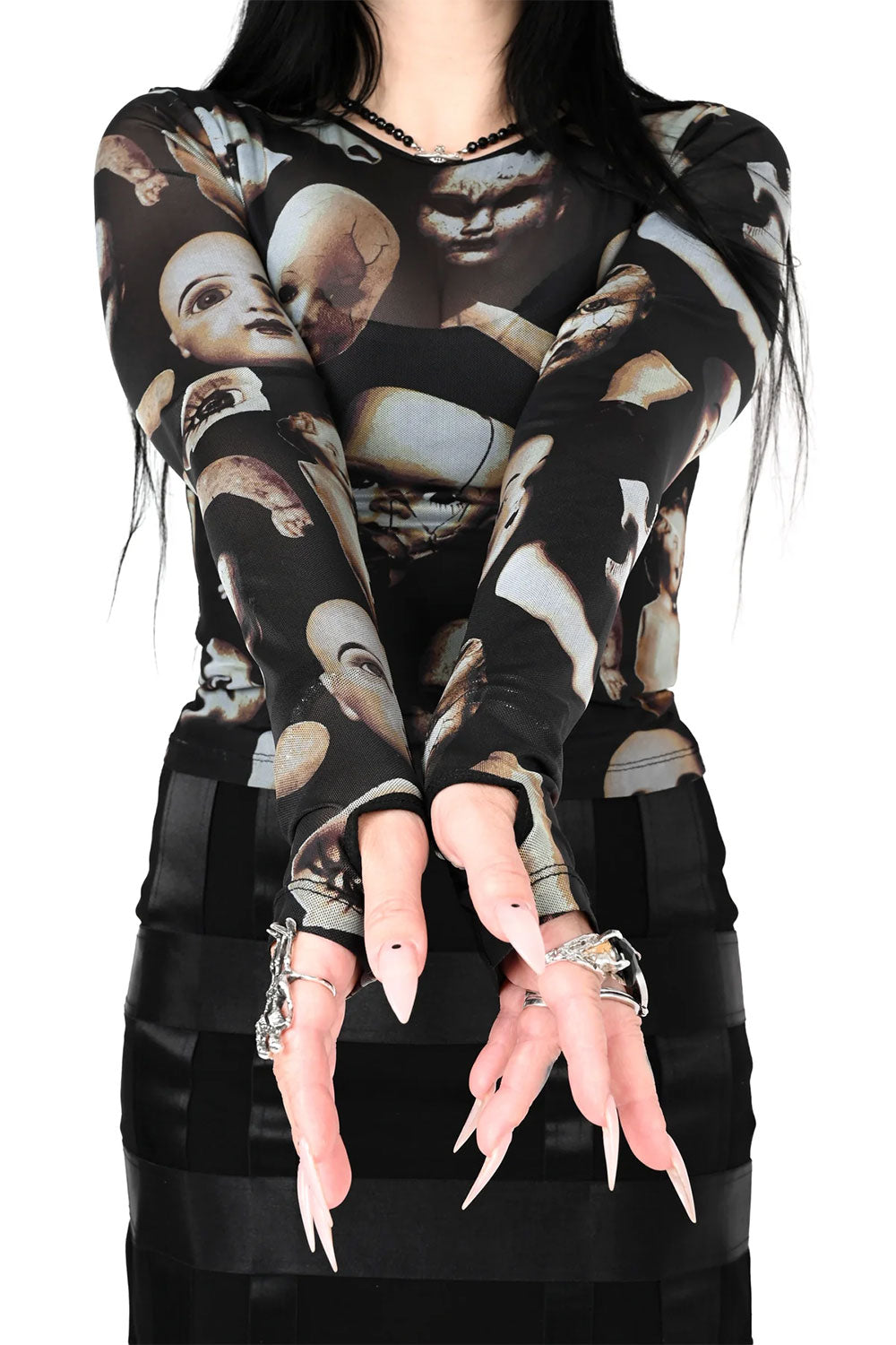 Photo of thumb hole details of Foxblood broken doll mesh top