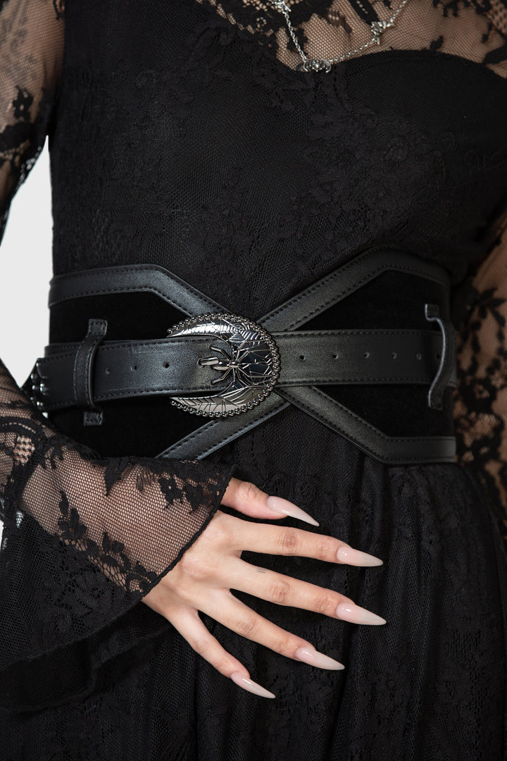 black belt with spiderweb belt buckle