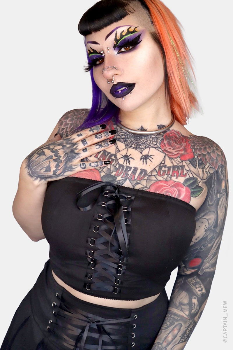womens black lace-up corset crop top