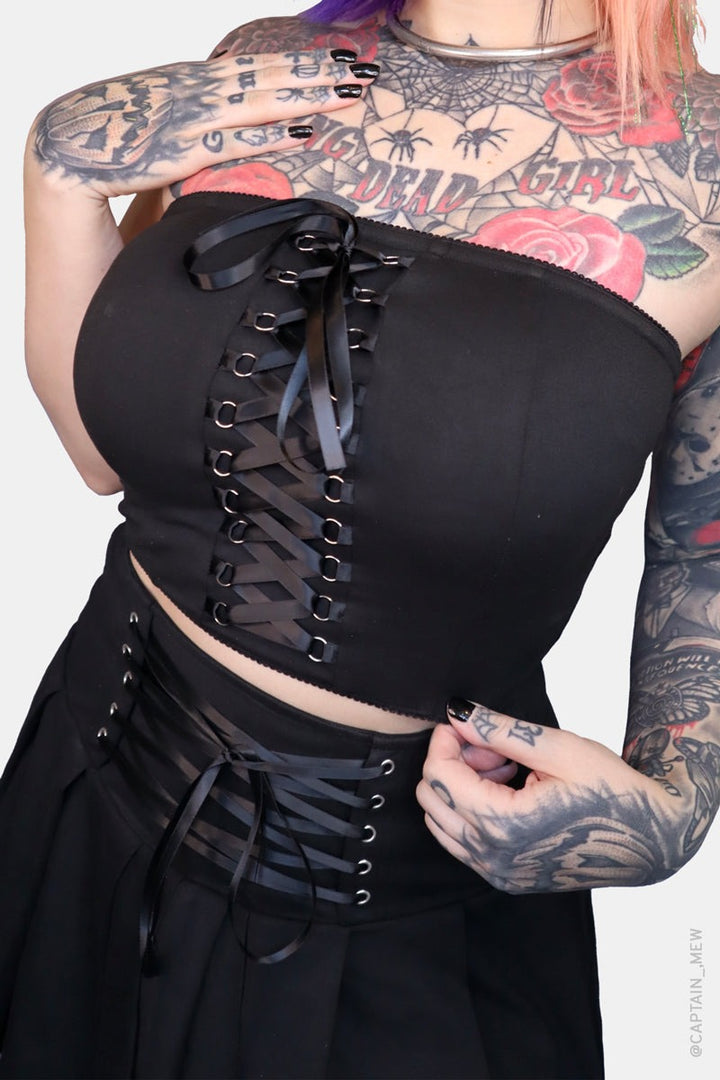 womens black lace-up corset tube top by forest ink