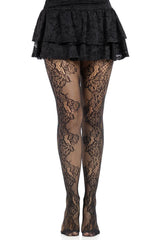 Goth fashion stockings with eyelet lace pattern layered over fine netting