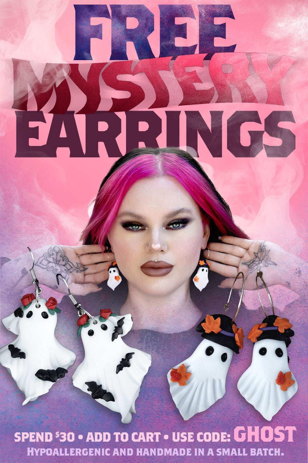 Promotional poster for free mystery earrings with a person wearing earrings and text on a pink and purple background.