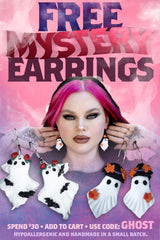 Promotional poster for free mystery earrings with a person wearing earrings and text on a pink and purple background.