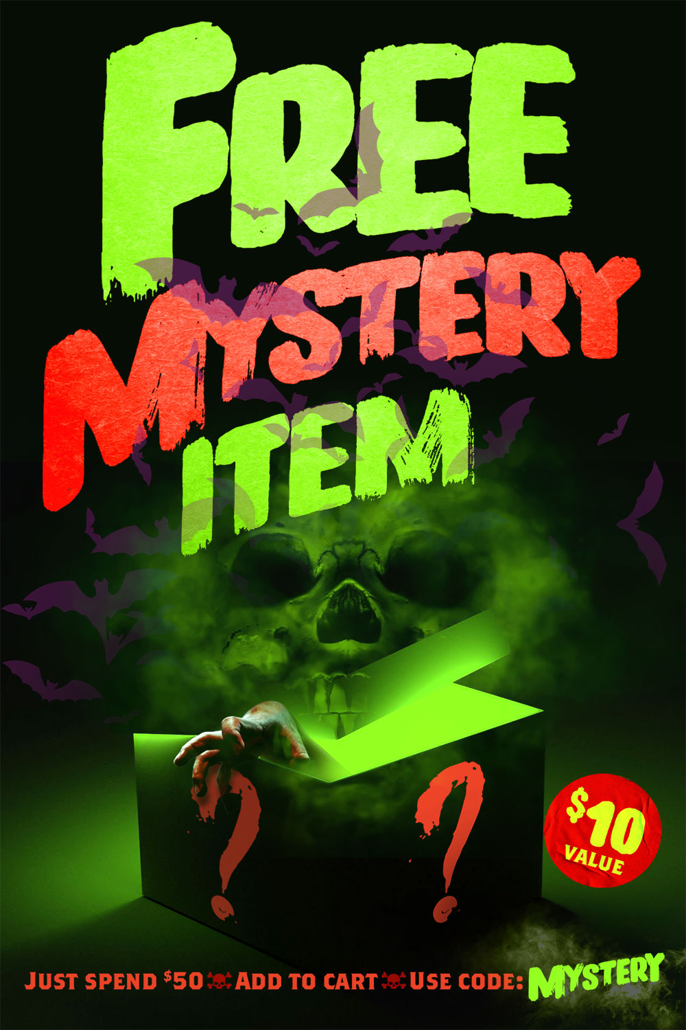 Promotional poster for a free mystery item offer with a green glowing box and skull.