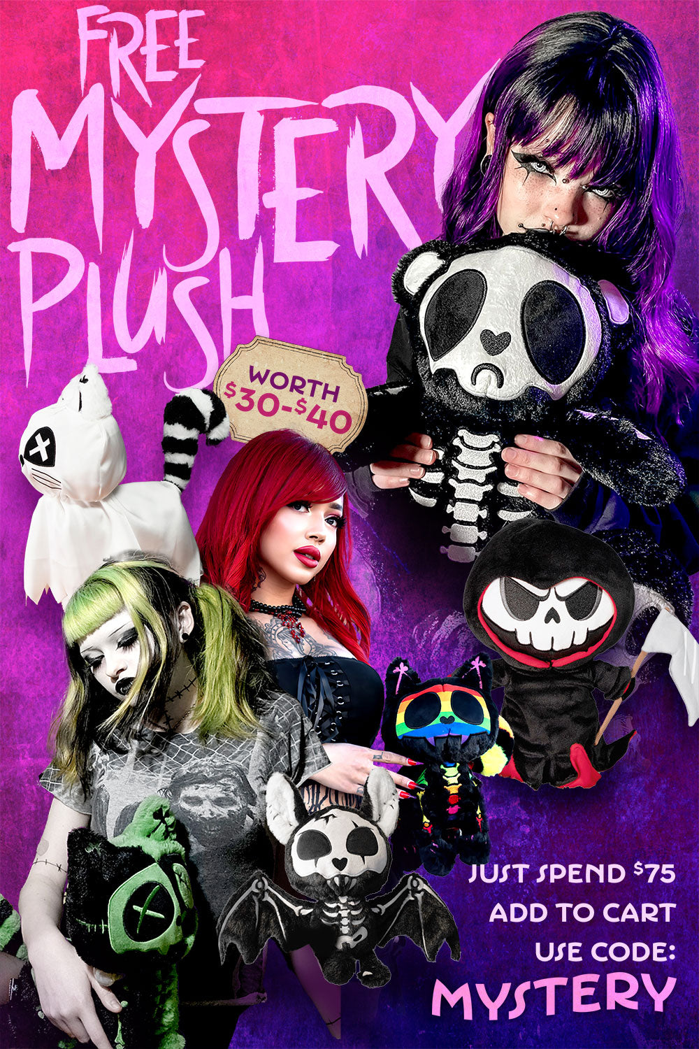 Promotional graphic for a free mystery plush, featuring multiple goth-style models holding and wearing various plush toys against a bright pink and purple background with large text reading 'FREE MYSTERY PLUSH' and offer details.