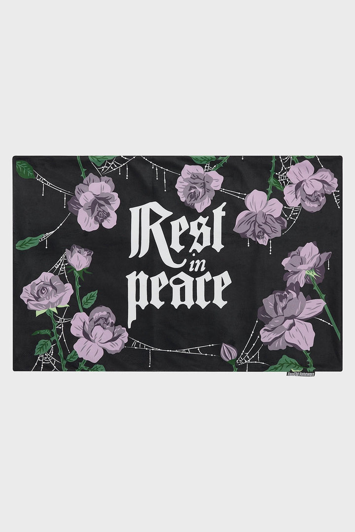 gothic pillowcases with 'Rest in Peace' text and floral design on a black background