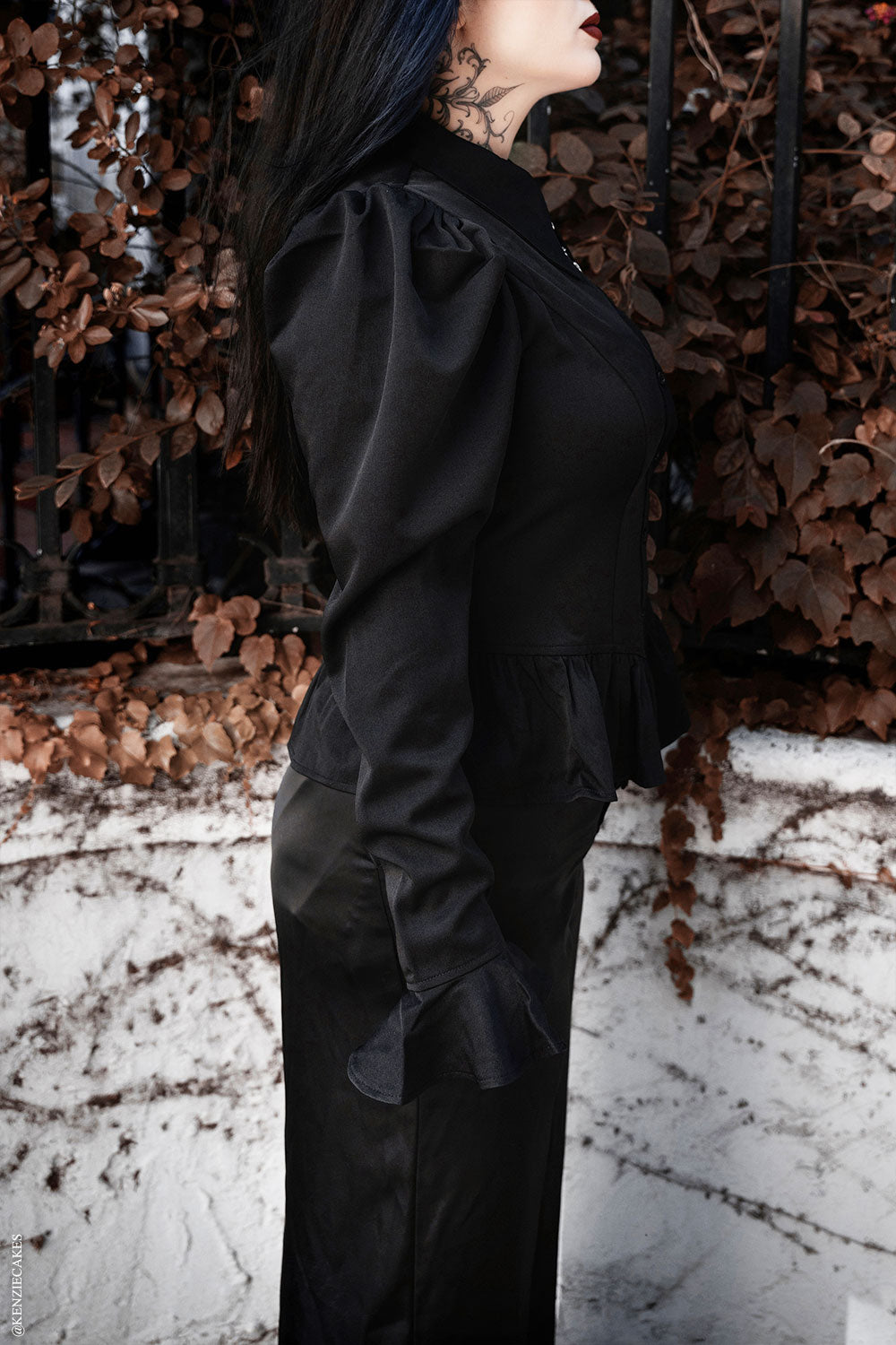 black chiffon victorian gothic peplum button-up top for women