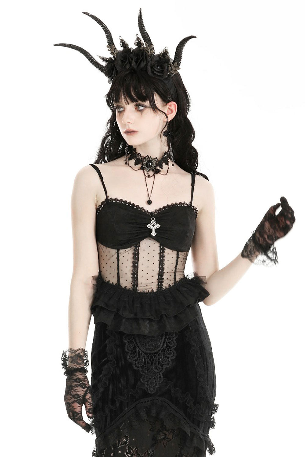 Dark in love womens black ruffled lace mesh corset
