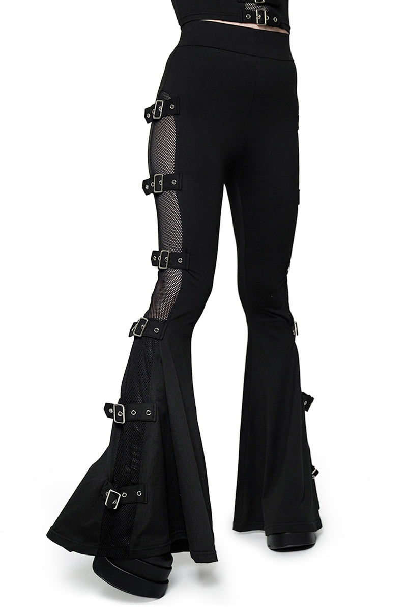 black flared fishnet buckle pants