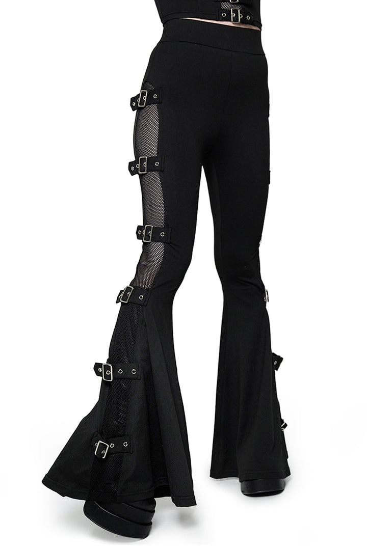 black flared fishnet buckle pants