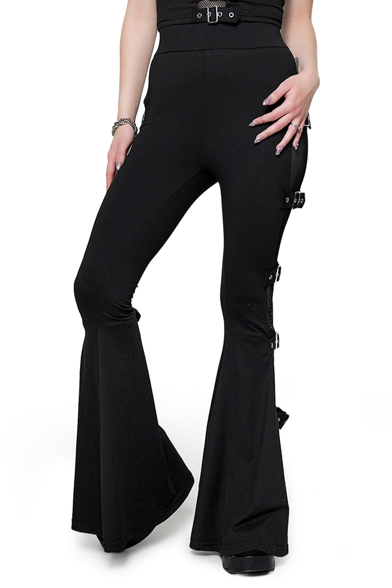thick waistband black flared fishnet buckle pants