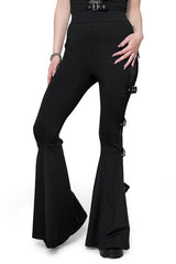 thick waistband black flared fishnet buckle pants