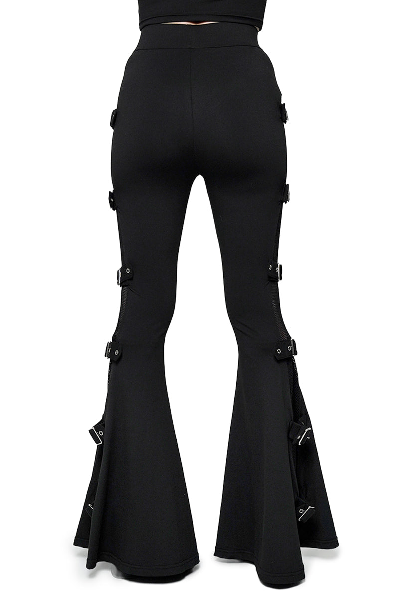 emo womens black high-waisted soft and stretchy black flared fishnet buckle pants