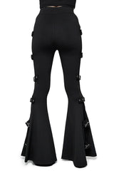 emo womens black high-waisted soft and stretchy black flared fishnet buckle pants