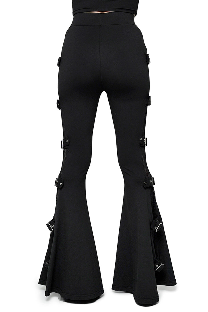 emo womens black high-waisted soft and stretchy black flared fishnet buckle pants