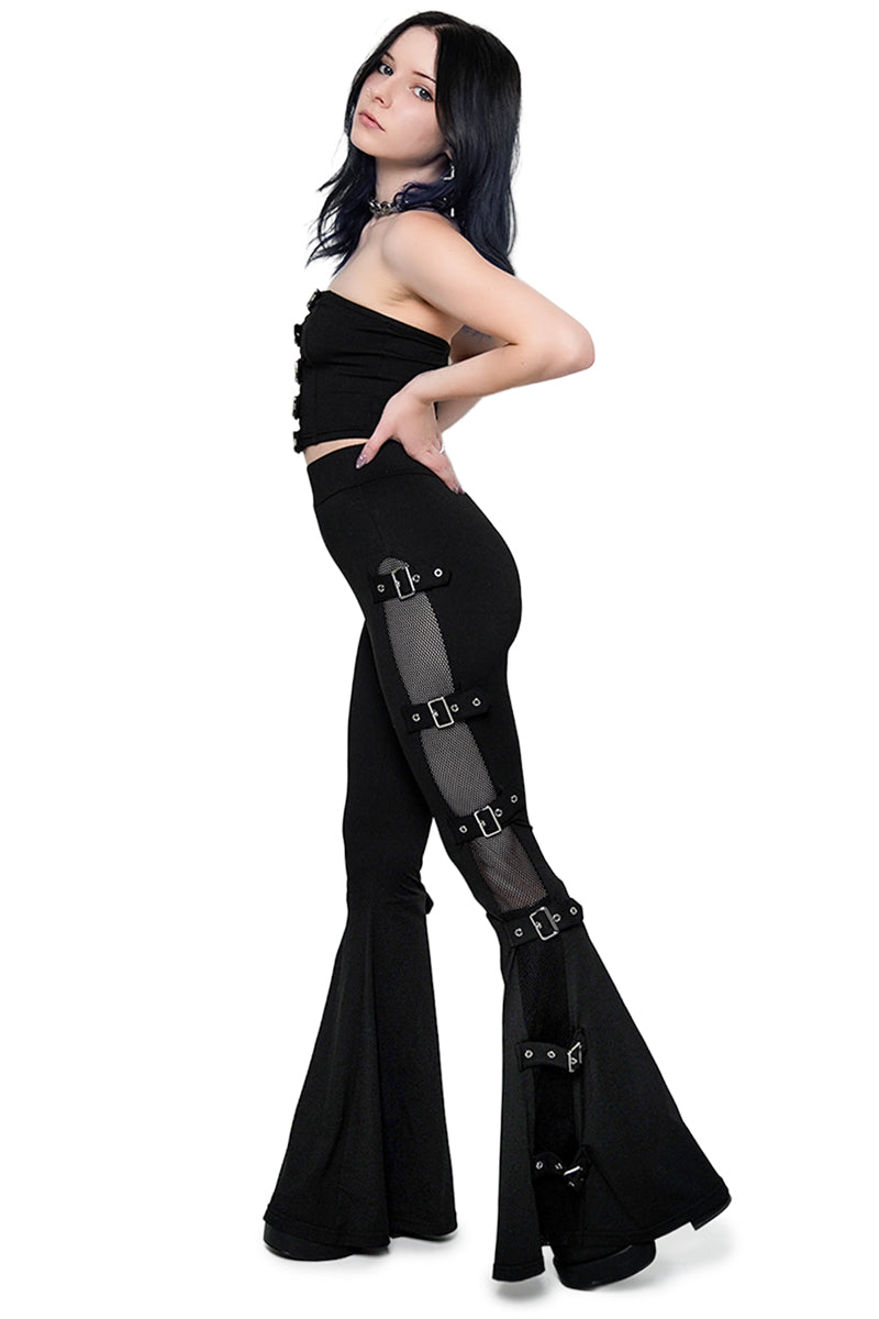 gothic womens high-rise black flared fishnet buckle pants