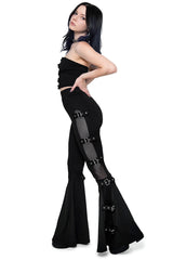 gothic womens high-rise black flared fishnet buckle pants