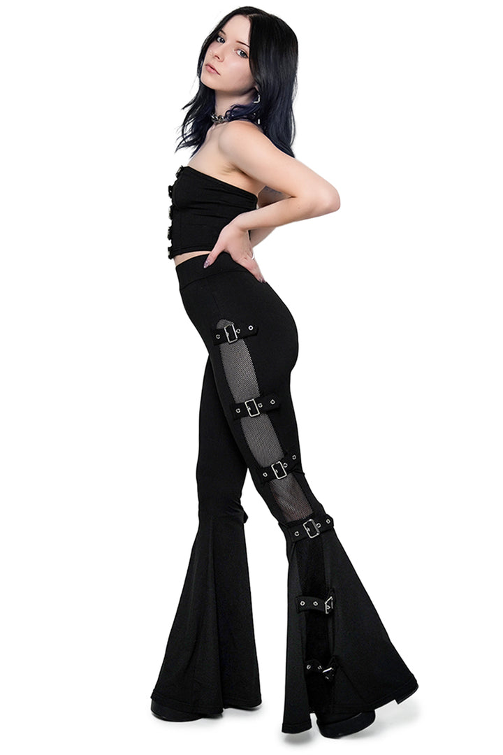 gothic womens high-rise black flared fishnet buckle pants
