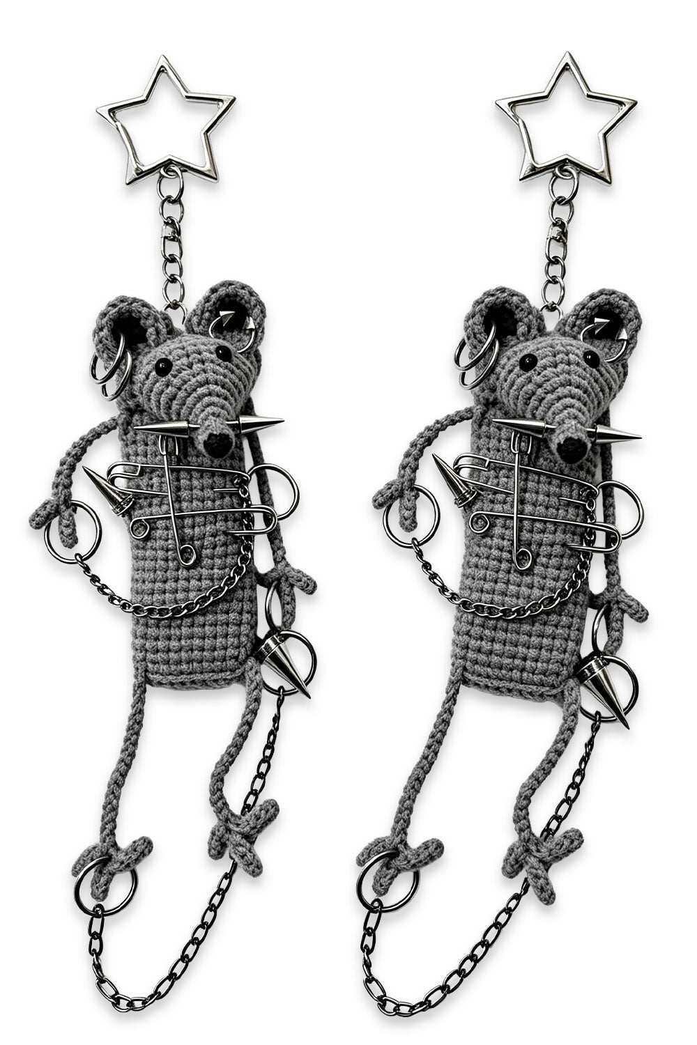 Gray mice keychains with safety pins and chains