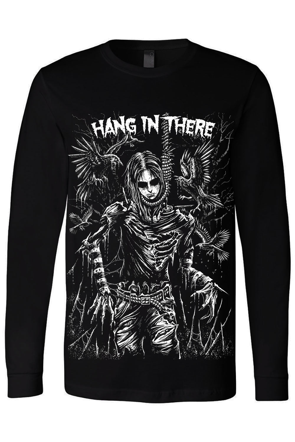 A black long-sleeve t-shirt featuring a large white graphic print of a skeletal figure with wings and the text 'HANG IN THERE' across the chest.