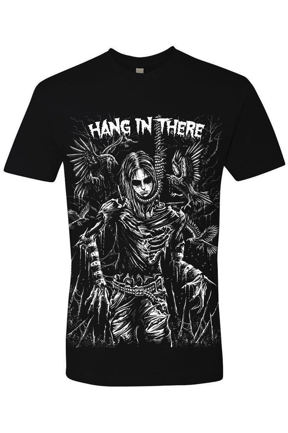 A black short-sleeve graphic t-shirt featuring a detailed white and gray illustration of a skeletal figure with wings, accompanied by the text 'HANG IN THERE' across the chest.