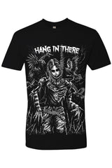 A black short-sleeve graphic t-shirt featuring a detailed white and gray illustration of a skeletal figure with wings, accompanied by the text 'HANG IN THERE' across the chest.