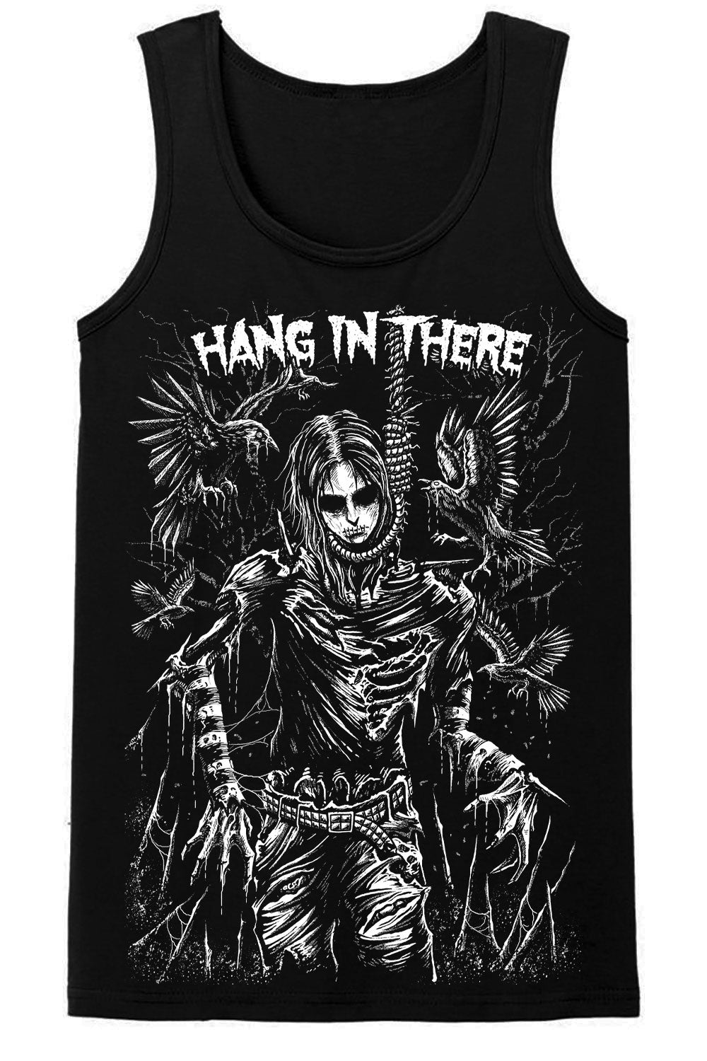 A black sleeveless tank top featuring a detailed black and white graphic of a skeletal figure with wings and the text 'HANG IN THERE' across the chest, shown on a plain white background.