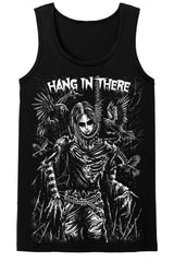 A black sleeveless tank top featuring a detailed black and white graphic of a skeletal figure with wings and the text 'HANG IN THERE' across the chest, shown on a plain white background.