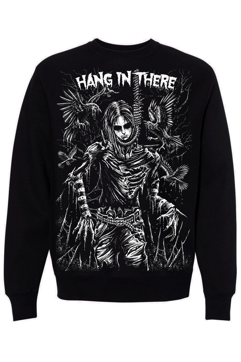 A black crewneck sweatshirt featuring a large white graphic print of a skeletal figure with wings and the text 'HANG IN THERE' across the chest, shown against a plain white background.