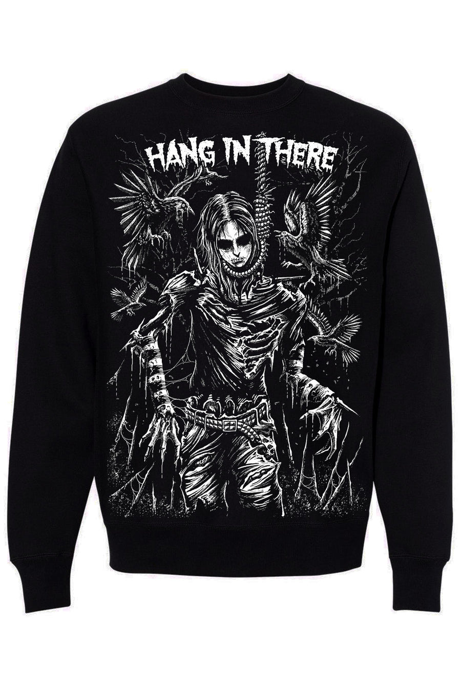 A black crewneck sweatshirt featuring a large white graphic print of a skeletal figure with wings and the text 'HANG IN THERE' across the chest, shown against a plain white background.