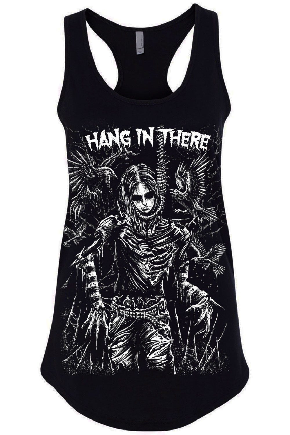 A black racerback tank top featuring a large white graphic print of a skeletal figure with wings and the text 'HANG IN THERE' across the chest, shown on a plain white background.