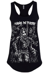 A black racerback tank top featuring a large white graphic print of a skeletal figure with wings and the text 'HANG IN THERE' across the chest, shown on a plain white background.