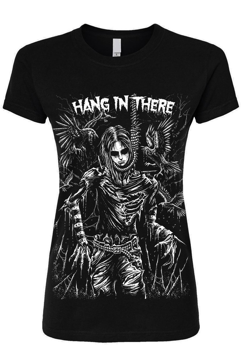 A black short-sleeve graphic t-shirt featuring a detailed white and gray illustration of a skeletal figure with wings, accompanied by the text 'HANG IN THERE' across the chest.