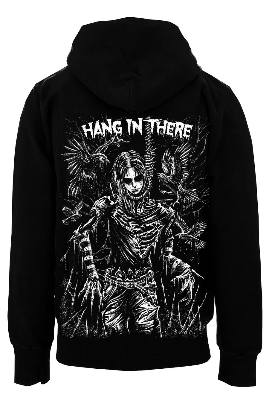Black pullover hoodie shown from the back, featuring a large white graphic print of a skeletal figure with wings and the text 'HANG IN THERE' across the upper back.