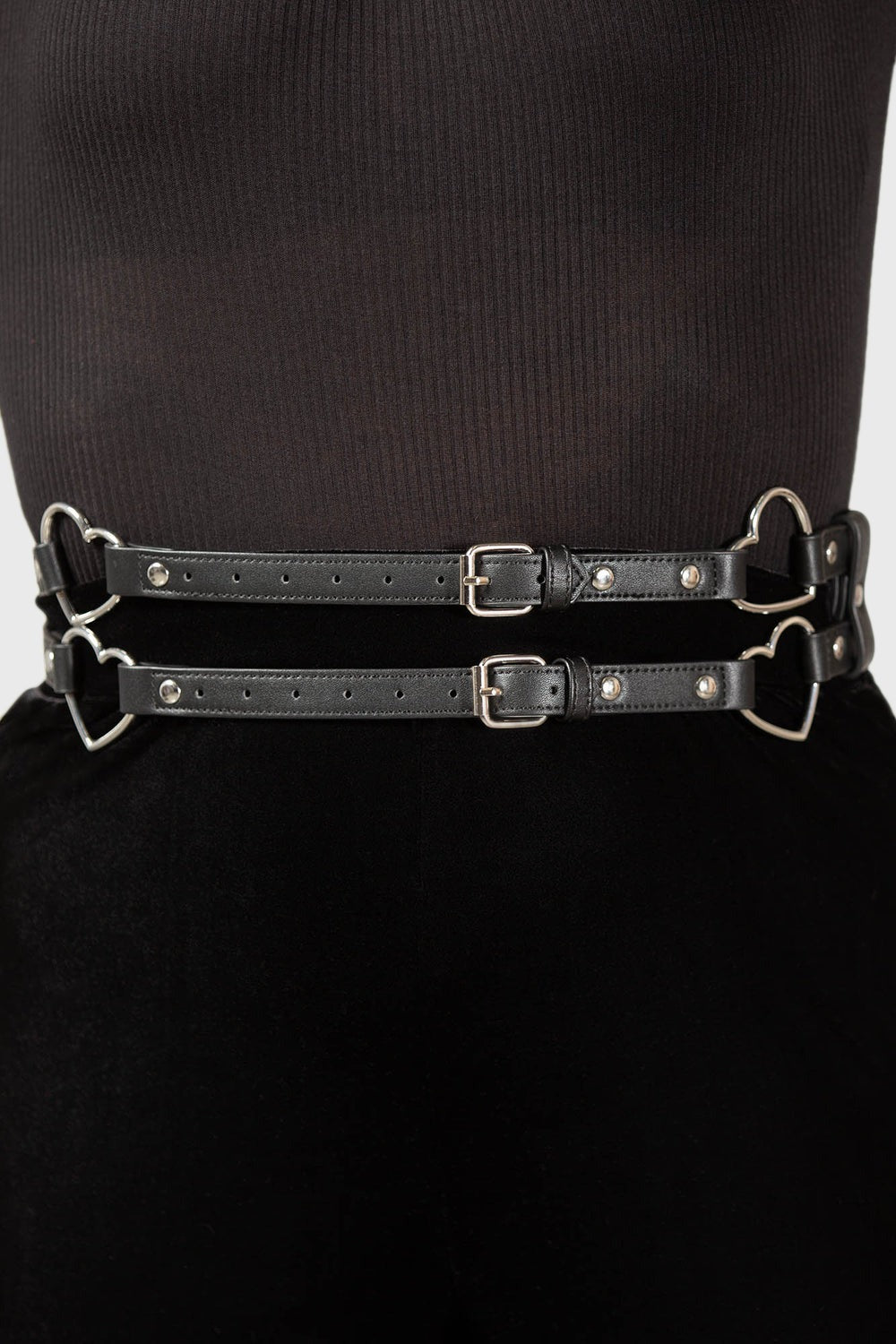 kawaii black vegan leather heart harness waist belt