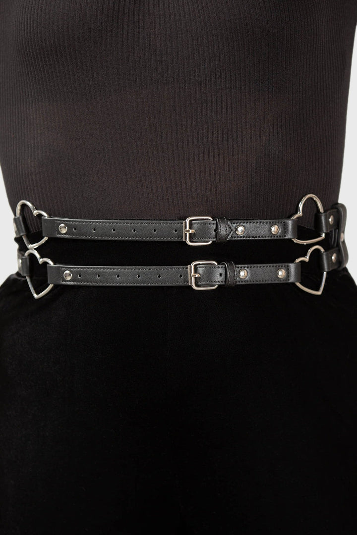 kawaii black vegan leather heart harness waist belt