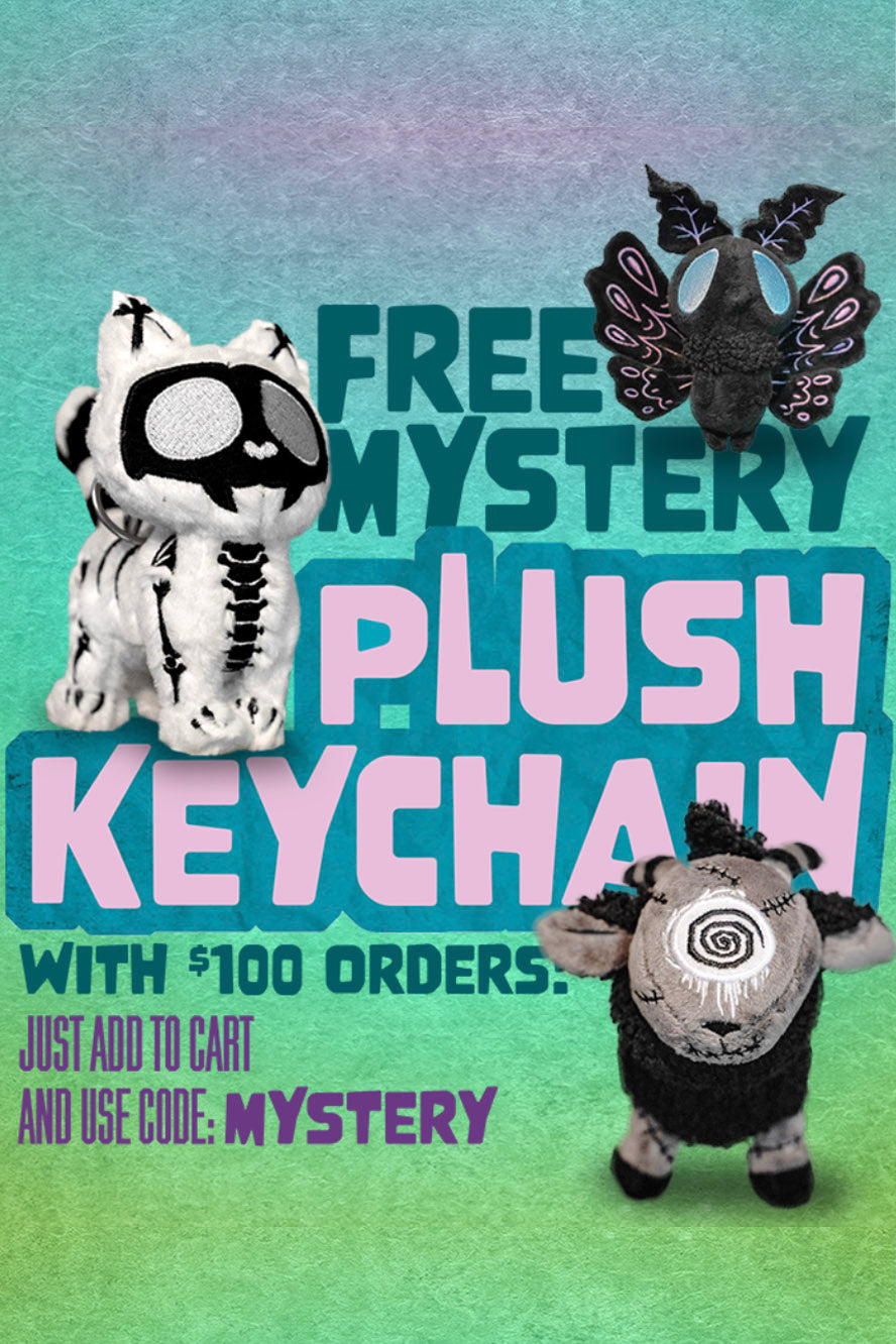 Promotional poster for a free mystery plush keychain with $100 orders, featuring three plush toys on a gradient background.