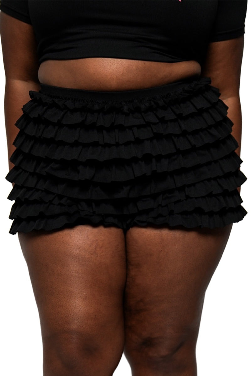 womens black ruffled bloomer shorts