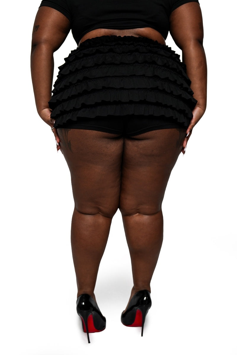 dark plus size black ruffled bloomer shorts by groovy things