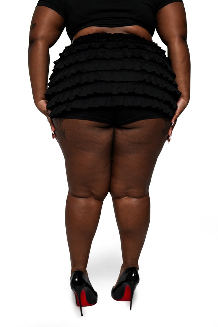 dark plus size black ruffled bloomer shorts by groovy things