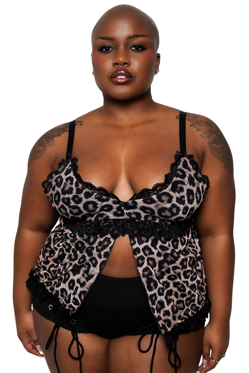 mesh leopard animal print flared open front halter top
