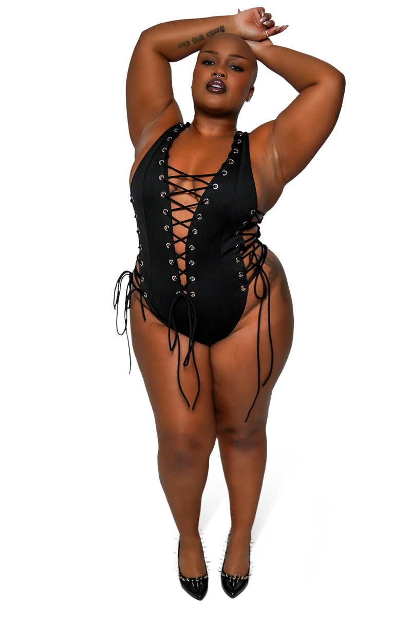 eyelet studded bathing suit one piece with adjustable shoulder straps 