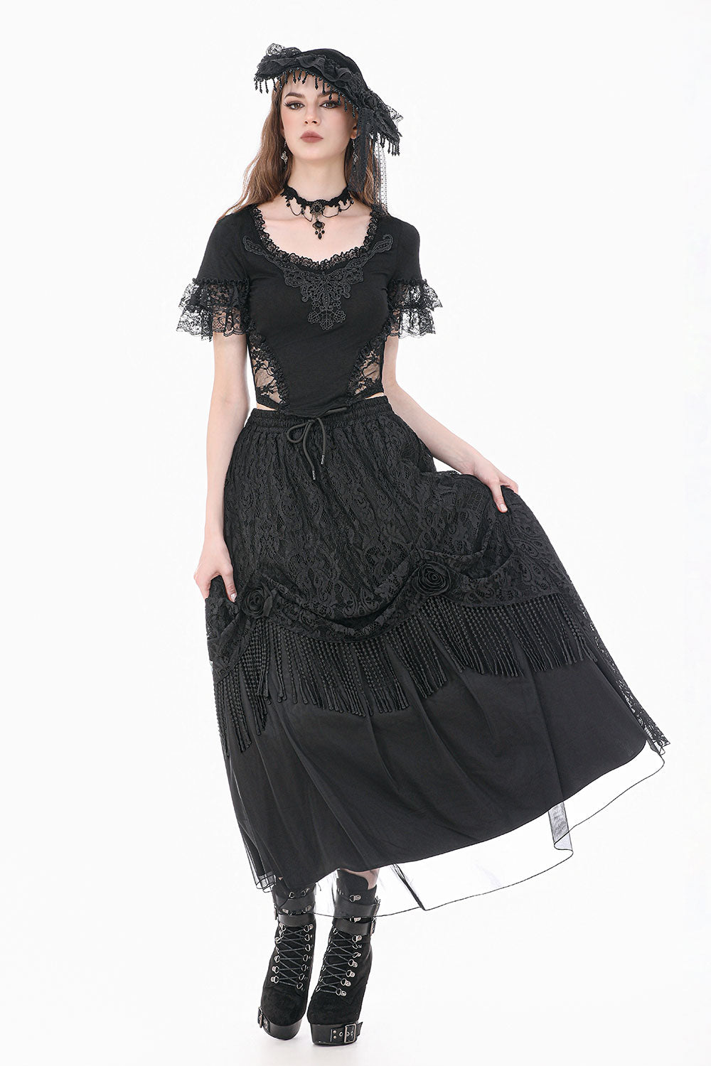 Lace and beaded fringe goth skirt 